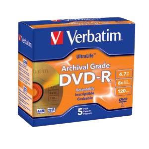 Verbatim 96320 DVD/CD Media Verbatim Dvd-r 4.7gb 16x Ultralife Gold Archival Grade With Branded Surface And Hard Coat - 5pk Jewe 023942963202