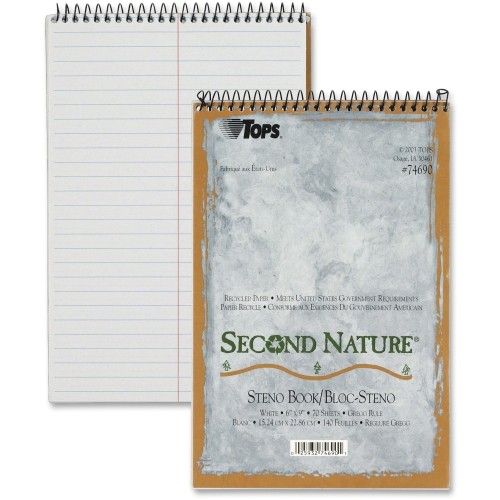 Tops 74690 Pads & Notebooks Second Nature Steno Book, Recycled, Gregg Rule, White, 70 Sh/bk, 4 Bk/pk TOP74690 088037864093