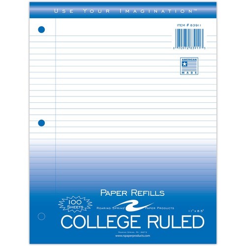 Tops 83911 Uncategorized College Ruled Loose Leaf Filler Paper, 3 Hole Punched, 11" X 8.5" 100 Sheets, White Paper ROA83911 
