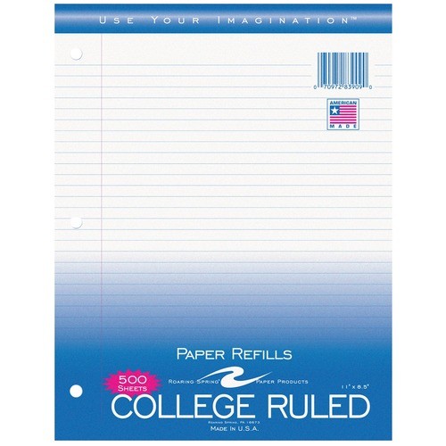 Tops 83909 Uncategorized College Ruled Loose Leaf Filler Paper, 3 Hole Punched, 11" X 8.5" 500 Sheets, White Paper ROA83909 