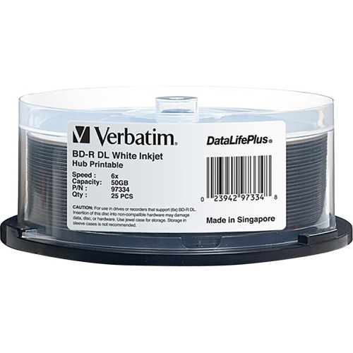 Verbatim 97334 DVD/CD Media Verbatim Bd-r Dl 50gb 8x, White Label, Datalife+, White Inkjet Hub Printable, 25pk Spindle - 50gb -  023942973348
