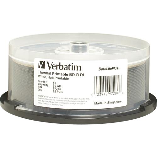 Verbatim 97284 DVD/CD Media Verbatim Bd-r Dl 50gb 8x, White Label, Datalife+, White Thermal Hub Printable, Hard Coat, 25pk Spind 023942972846