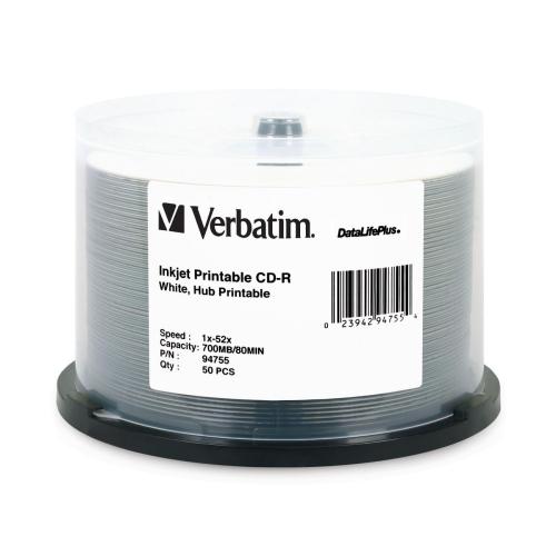 Verbatim 94755 DVD/CD Media Cd-r 700mb 52x Datalifeplus White Inkjet Printable, Hub Printable - 50pk Spindle 023942947554