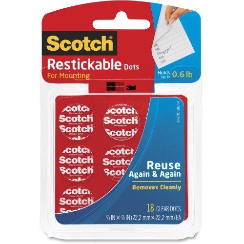 Scotch Restickable Mounting Dots - 0.88 Width x 1 Length - Removable,  Reusable, Photo-safe, Stain Resistant, Double-sided - 18 / Pack - Clear  R105 MMMR105 pg.1009. 051141330464