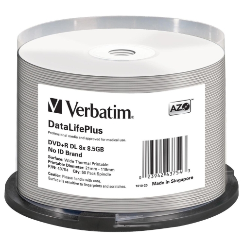 Verbatim 43754 DVD/CD Media Verbatim Dvd+r Dl 8.5gb 8x Datalifeplus White Thermal Printable, Hub Printable - 50pk Spindle - 120m 008236687576