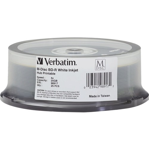 Verbatim 98917 DVD/CD Media Verbatim M-disc Bd-r 25gb 4x White Inkjet Printable, Hub Printable - 25pk Spindle - 120mm - Printabl 641676241252