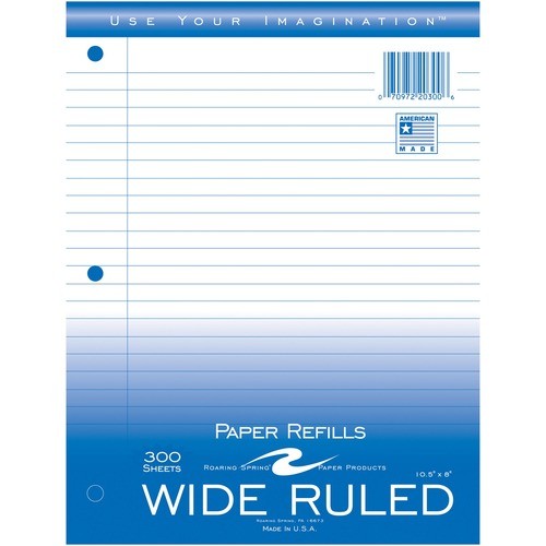 Tops 20300 Uncategorized Wide Ruled Loose Leaf Filler Paper, 3 Hole Punched, 1 Case (12 Packs), 10.5" X 8" 300 Sheets, White Paper ROA20300 