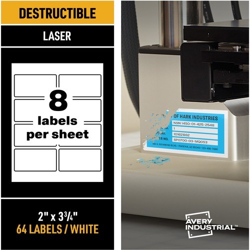 Avery Dennison 60539 Labels Averyandreg; Permatrack Destructible Asset Tag Labels, 3-3/4" X 2" , 64 Asset Tags - Permanent Adhesiv AVE60539 072782605391