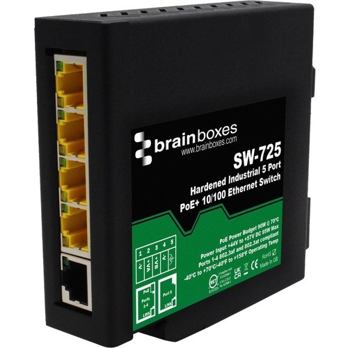 Brainboxes SW-725 Switches & Bridges Brainboxes Hardened Industrial 5 Port Poe+ 10/100 Ethernet Switch - 5 Ports - Fast Ethernet - 10/100 Sw725 837324004564