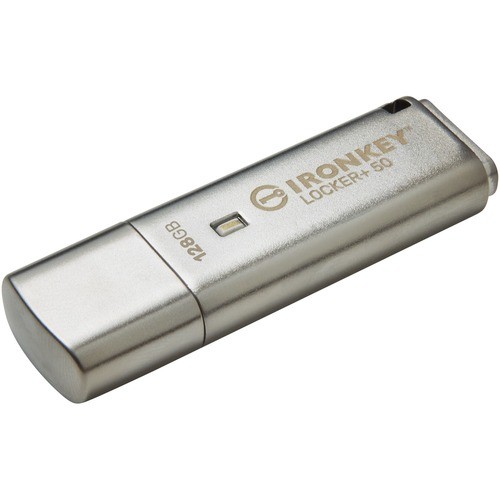 IronKey Locker+ 50 USB Flash Drive - 128 GB - USB 3.2 (Gen 1) Type A - 145 MB/s Read Speed - 115 MB/s Write Speed - Silver - XTS-AES, 256-bit AES - 5 Year Warranty TAA Compliant IKLP50/128GB 740617329391