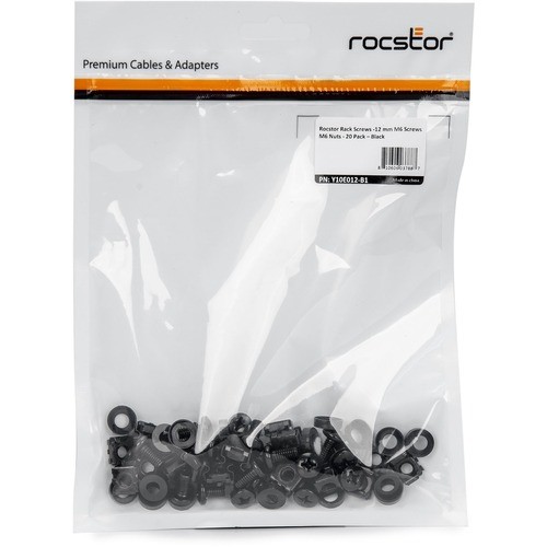 Rocstor Y10E012-B1 Fasteners Rocstor Rack Screws - 20 Pack - Black - 12 Mm M6 Screws - M6 Nuts - 20 Sets Of Cabinet Mounting Scre Y10e012b1 810606037887