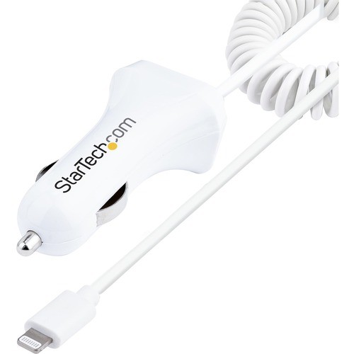 Startech USBLT2PCARW2 Power Adapters Startech.com Lightning Car Charger With Coiled Cable, 1m Built-in Cable, 12w, White, 2 Port Usb Car  065030883757