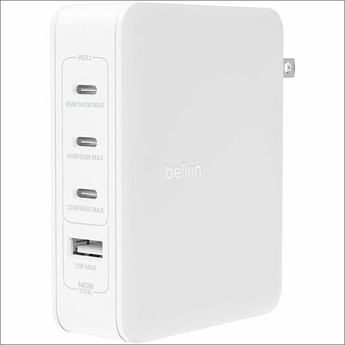 Belkin WCH014DQWH Power Adapters Belkin 140w Portable 4-port Gan Wall Charger - 3xusb-c, 1xusb-a (140w Total) - Fast Charging - Power 745883853328