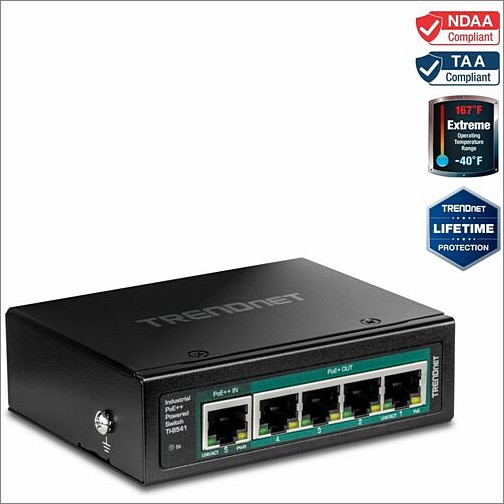 Trendnet TI-B541 Switches & Bridges Trendnet Ti-b541, 5-port Industrial Gigabit Poe++ Powered Din-rail Switch With Poe Pass-through, Lif Tib541 710931162592