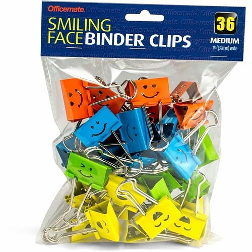 Pentel 31095 Pins & Clamps Smiling Face Binder Clips, Medium, Asst Color, 36 Pcs OIC31095 042491310954