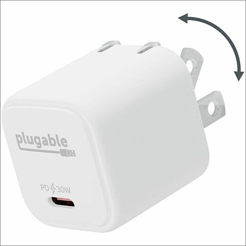 Plugable Technologies PS-30C1W Power Adapters Plugable Gan Usb C Charger Block, 30w Portable Charger - Foldable Prongs, Pps Usbc Fast Charger For  Ps30c1w 819927013143