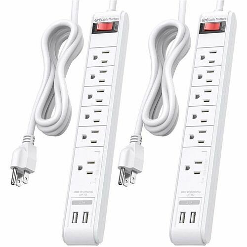 Cable Matters 402025-BLK-12X2 Surge Protectors Cable Matters 2-pack 6-outlet Surge Protector Power Strip With Usb Charging Ports - Tablet, Earbud,  402025blk12x2 818707026656