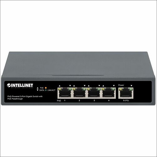 Intellinet PoE-Powered 5-Port Gigabit Switch with PoE Passthrough - 5 Ports  - Gigabit Ethernet - 10/100/1000Base-T - 2 Layer Supported - Power Adapter  - 72 W Power Consumption - 65 W PoE
