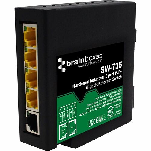 Brainboxes SW-735 Switches & Bridges Brainboxes Hardened Industrial 5 Port Poe+ Gigabit Ethernet Switch - 5 Ports - Gigabit Ethernet - 10 Sw735 837324005172