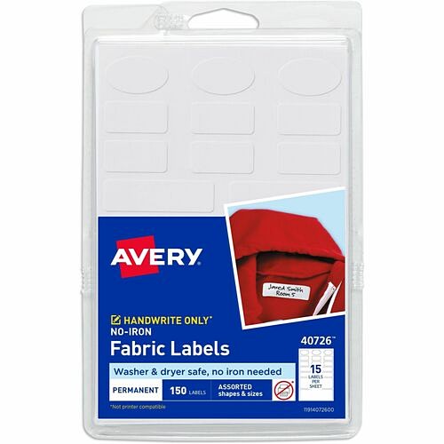 Avery Dennison 40726 Labels Avery No-iron Fabric Labels, Assorted, 150ct (40726) - Waterproof - Permanent Adhesive - Assorted -  AVE40726 072782407261