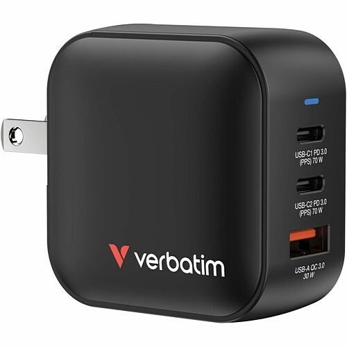 Verbatim 32229 Power Adapters Verbatim Mini Gan Charger 70w 3 Port - 1 Pack - 70 W - 120 V Ac, 230 V Ac Input (32229) 023942322290