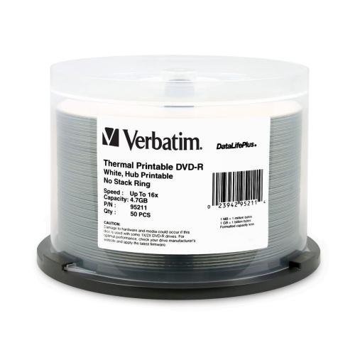 Verbatim 95211 DVD/CD Media Verbatim Dvd-r 4.7gb 16x Datalifeplus White Thermal Printable, Hub Printable - 50pk Spindle - 4.7gb  023942952114