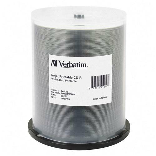 Verbatim 95252 DVD/CD Media Cd-r 700mb 52x White Inkjet Printable, Hub Printable - 100pk Spindle 023942952527