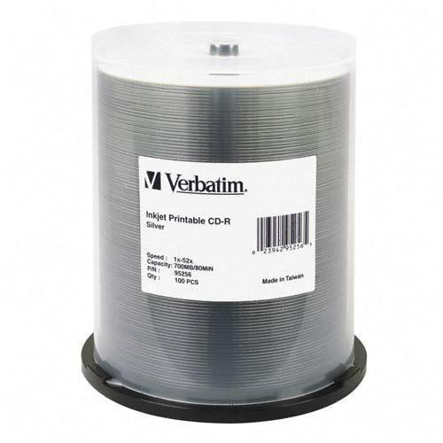 Verbatim 95256 DVD/CD Media 100pk Cdr 52x 700mb 80min      Supl - Silver Inkjet Printable Spindle (95256) 023942965268