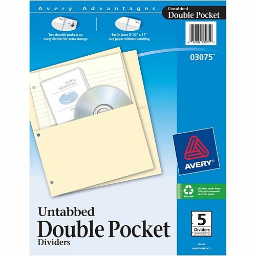 Avery Dennison 03075 Binder Accessories Untabbed Double Pocket Dividers AVE03075 073333030754