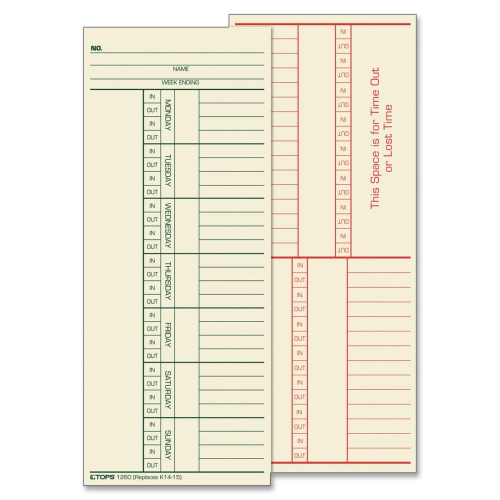 Tops 1260 Forms & Record Keeping 2-sided Weekly Time Card TOP1260 025932126017