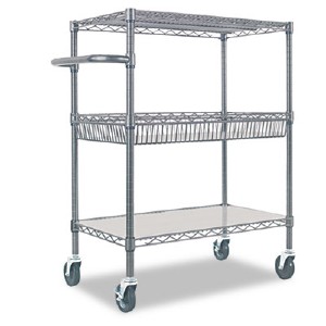 Three-Tier Wire Cart With Basket, Metal, 2 Shelves, 1 Bin, 500 Lb Capacity, 34