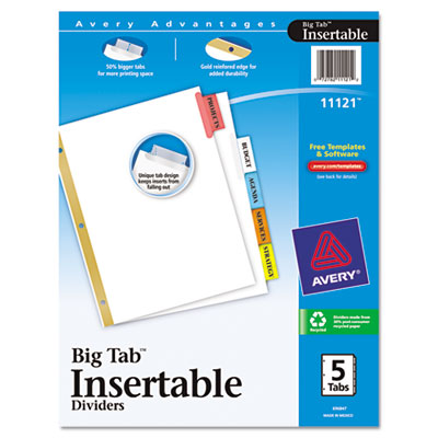 Avery Dennison 11121 Tab Indexes Worksaver Big Tab Insertable Dividers 11121, 5-tab Set AVE11121 002900546381