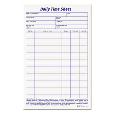 Tops 30041 Forms & Record Keeping Daily Time Sheet Form TOP30041 025932300417