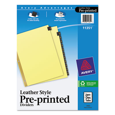 Avery Dennison 11351 Tab Indexes Monthly Gold Line Black Leather Tab Divider AVE11351 072782113513