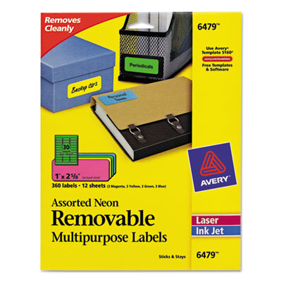 Avery Dennison 06479 Labels Neon Rectangular Labels For Laser And/or Inkjet Printers AVE6479 072782064792