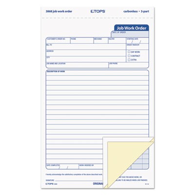 Tops 3868 Forms & Record Keeping Triplicate Job Work Order Form TOP3868 259323868006