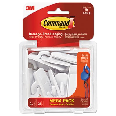 Command General Purpose Hooks, Small, 1lb Cap, White, 24 Hooks & 28 Strips-pack