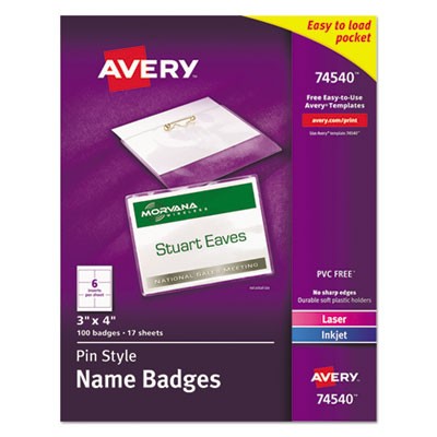 Avery Dennison 74540 Printing Media Laser/inkjet Pin Style Name Badge Kit AVE74540 013069027291