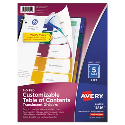 Avery Dennison 11816 Tab Indexes Ready Index Translucent Table Of Content Dividers AVE11816 999992325997